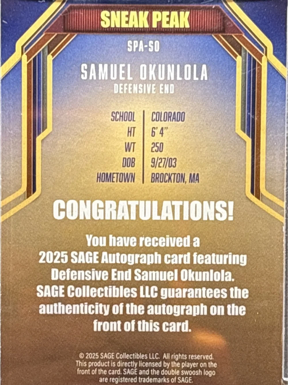 Sage Samuel Okunlola Sneak Peek Autograph Card